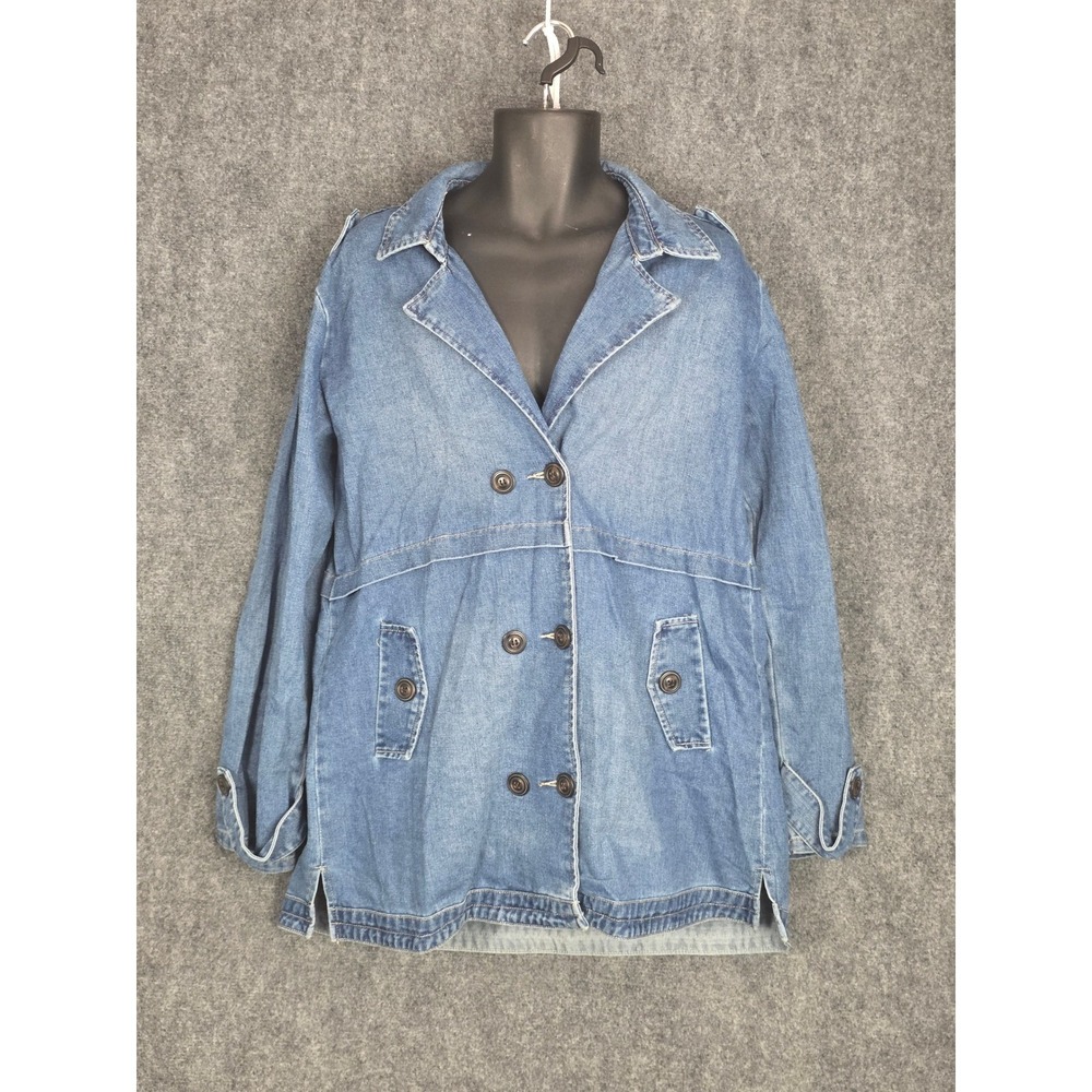 Vintage Denim Pea Coat Jacket Womens XXL Double Breasted Medium Wash Cotton